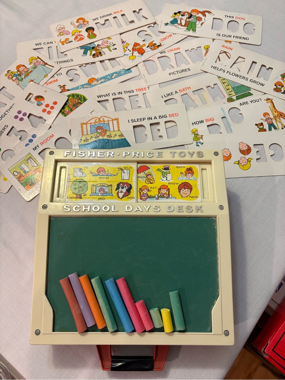 Fisher-Price Vintage (1972)School Days Desk Toy with Green Chalkboard and Chalk